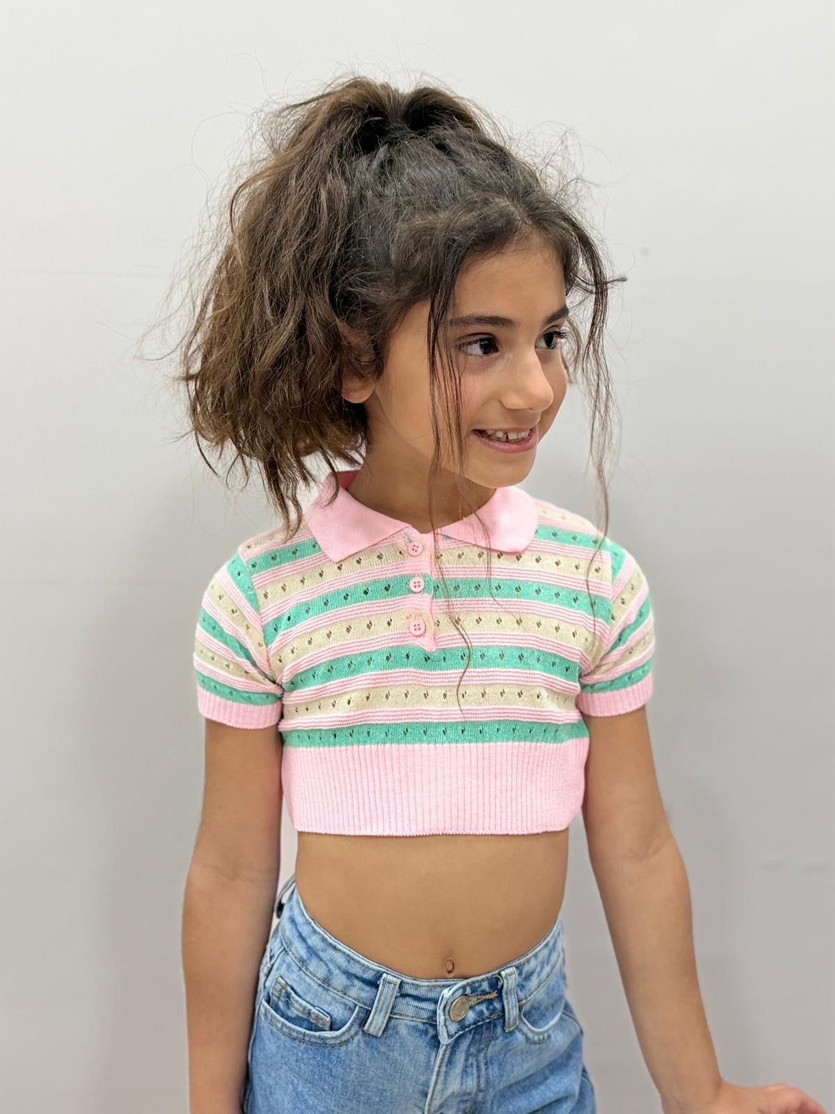 Top crop bambina righe traforato estivo