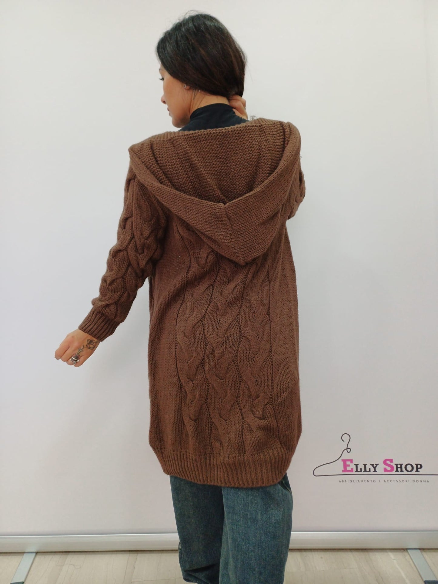 Cardigan lungo donna intrecciato con cappuccio