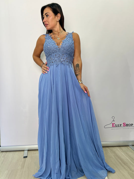 Abito lungo da cerimonia azzurro con ricami e paillettes – Elegante taglia unica fino a L