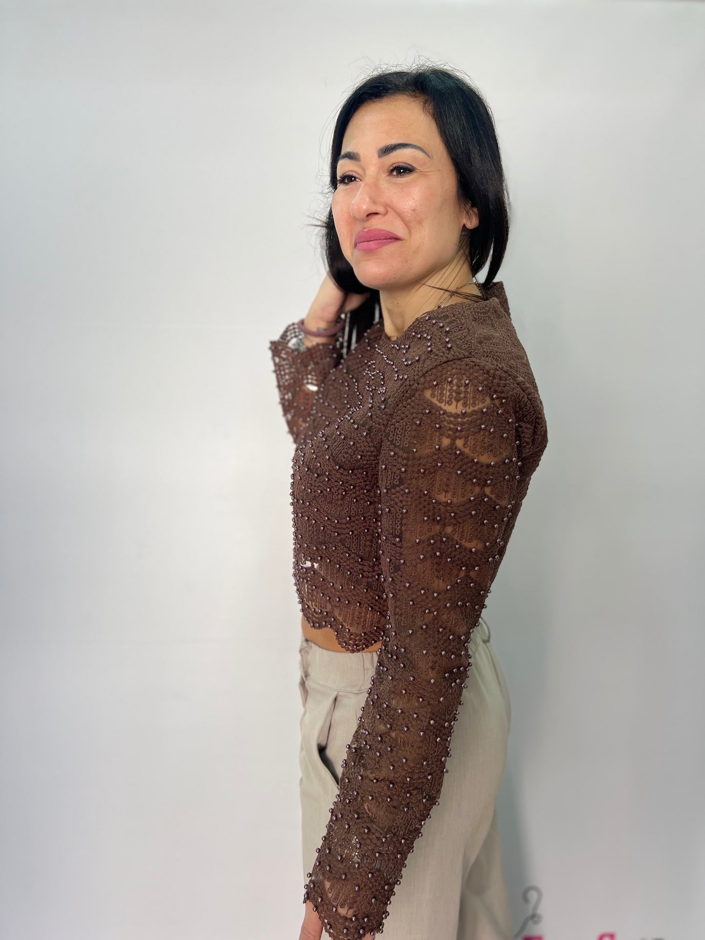 Top crop in pizzo con perline donna