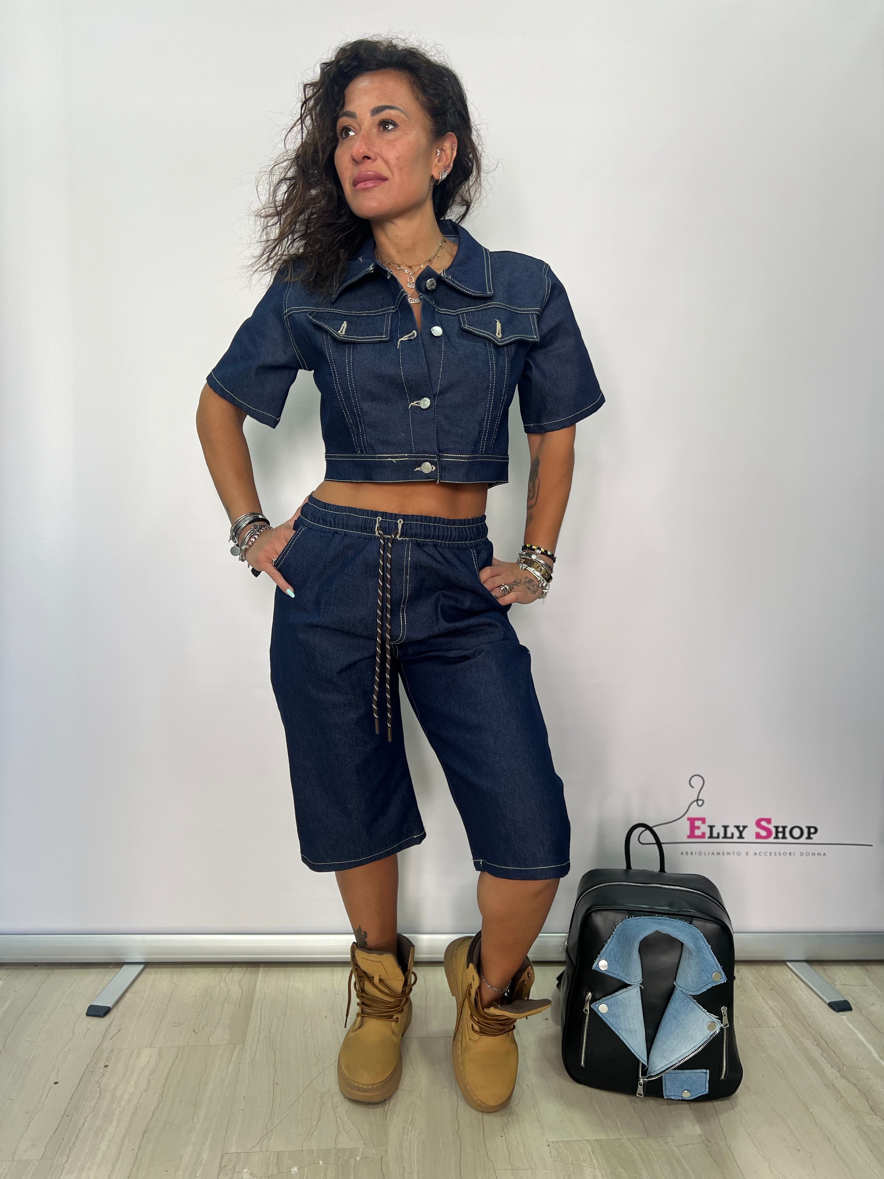 Completo denim donna crop e bermuda casual
