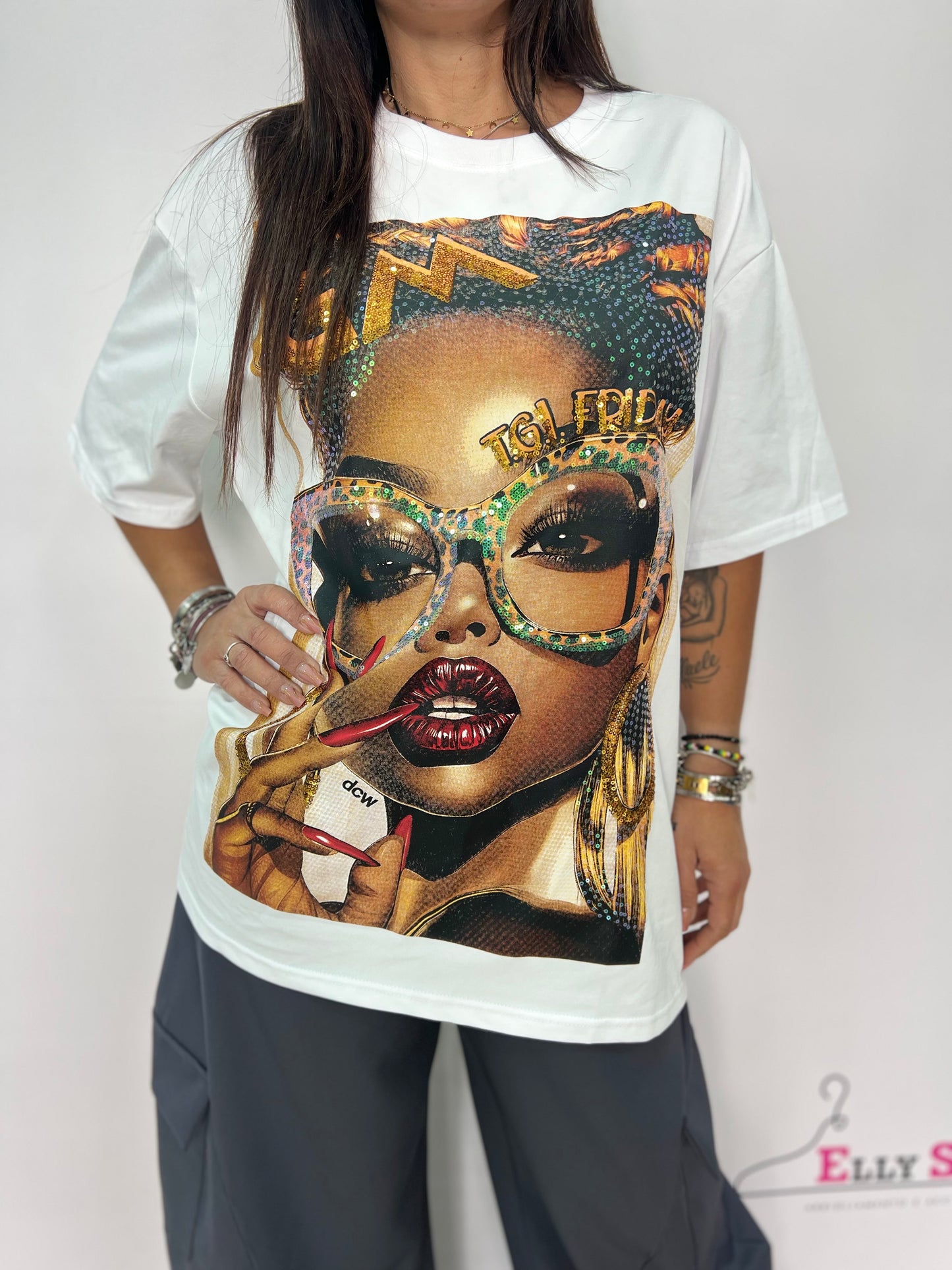 T-shirt oversize donna stampa glamour bianca