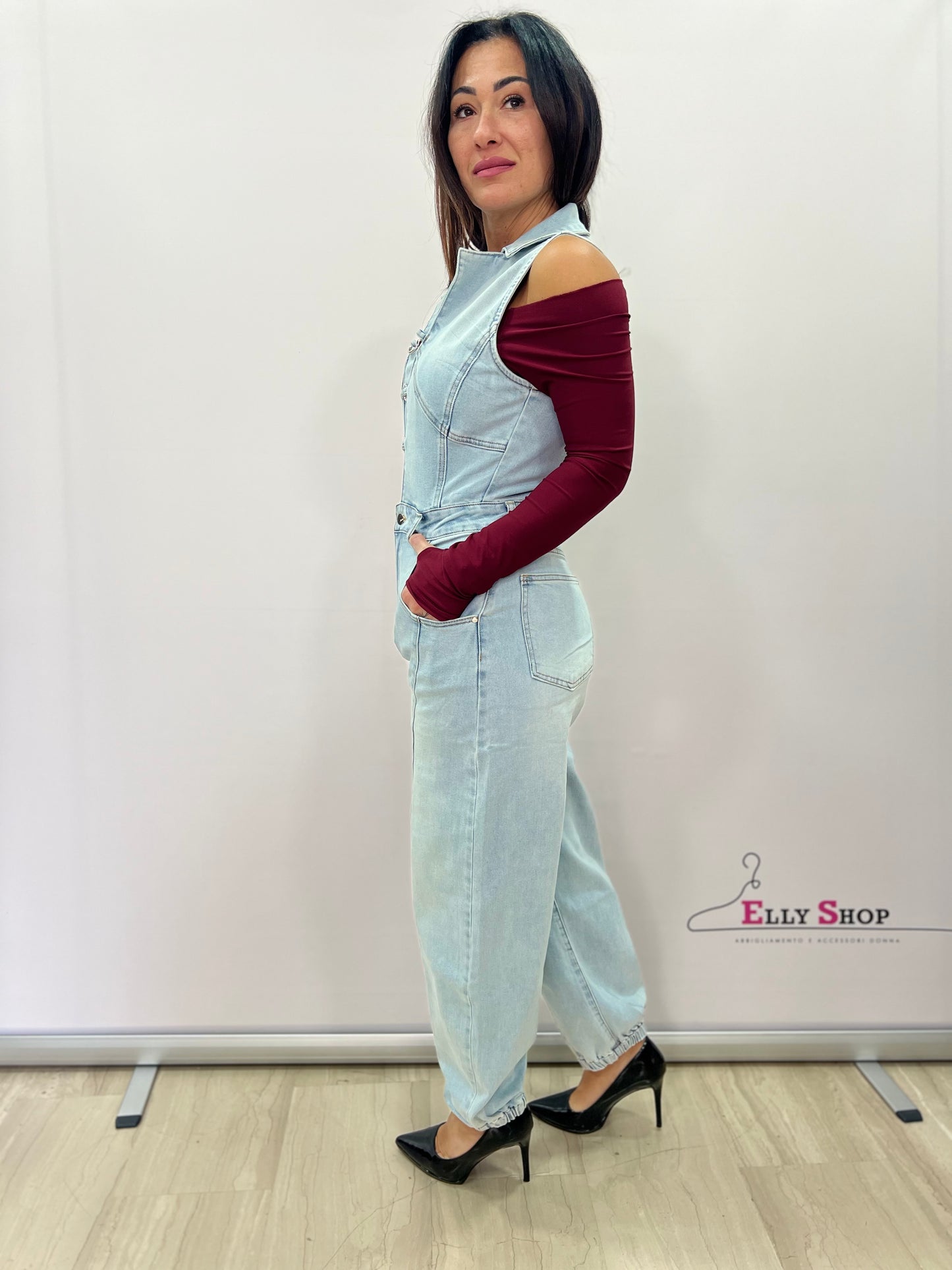 Salopette donna in denim con ganci frontali