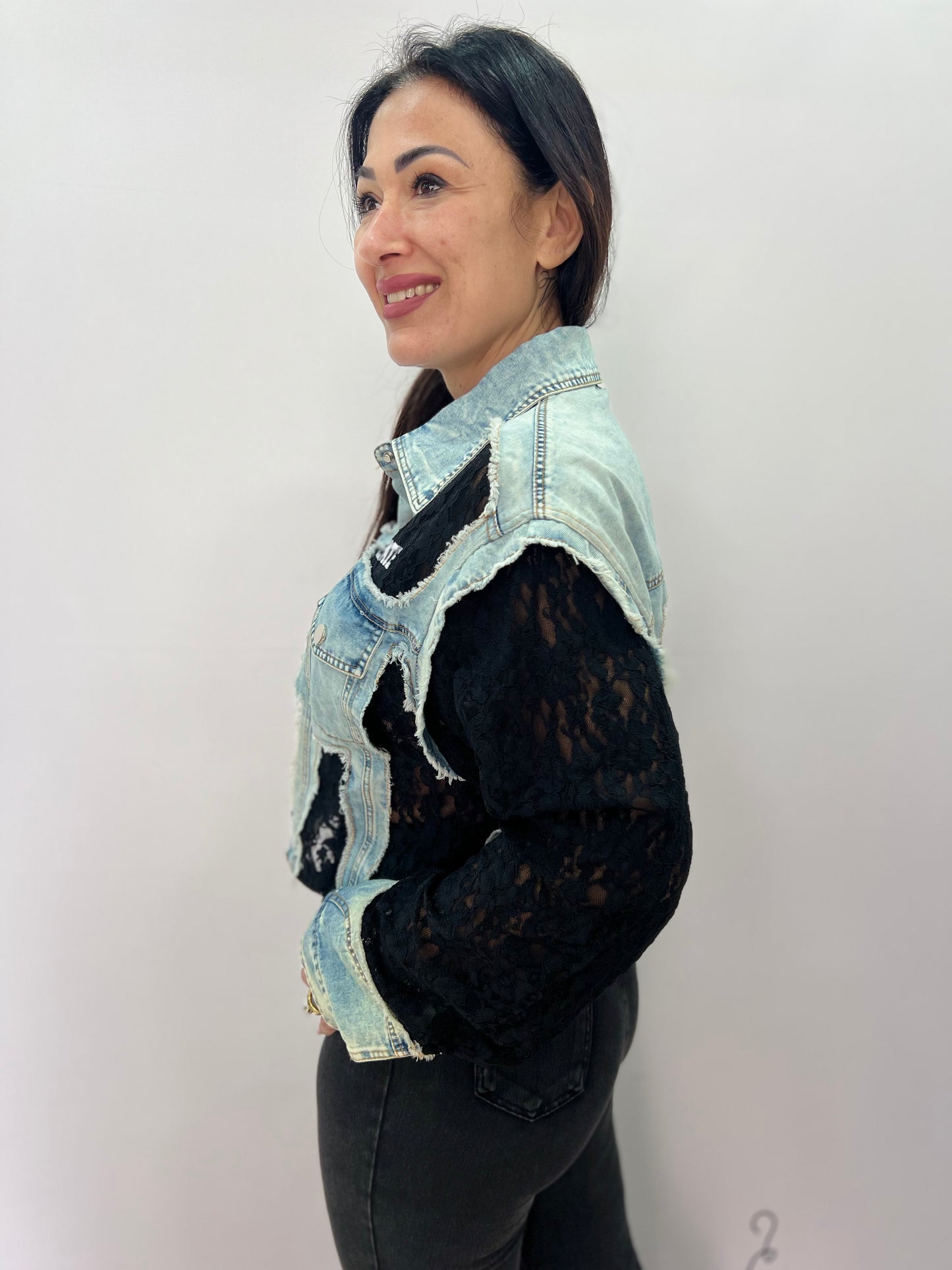 Giacca Denim Donna con Inserti in Pizzo Trend