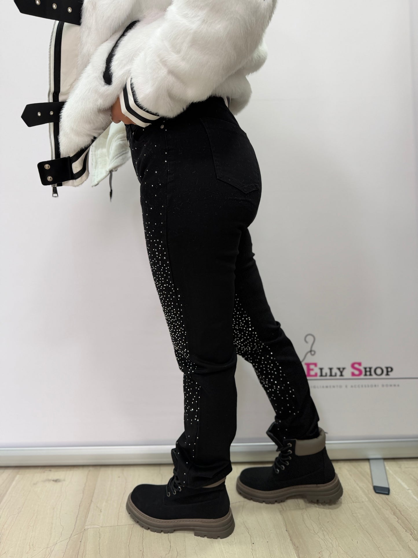 Jeans skinny neri con strass donna