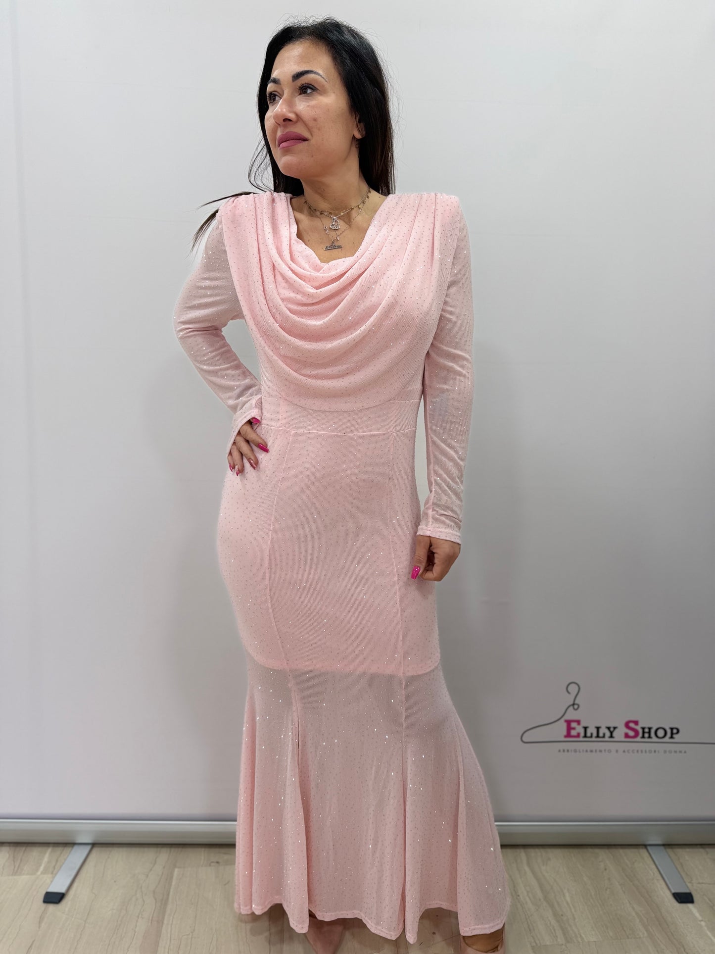 Abito lungo elegante drappeggiato glitter