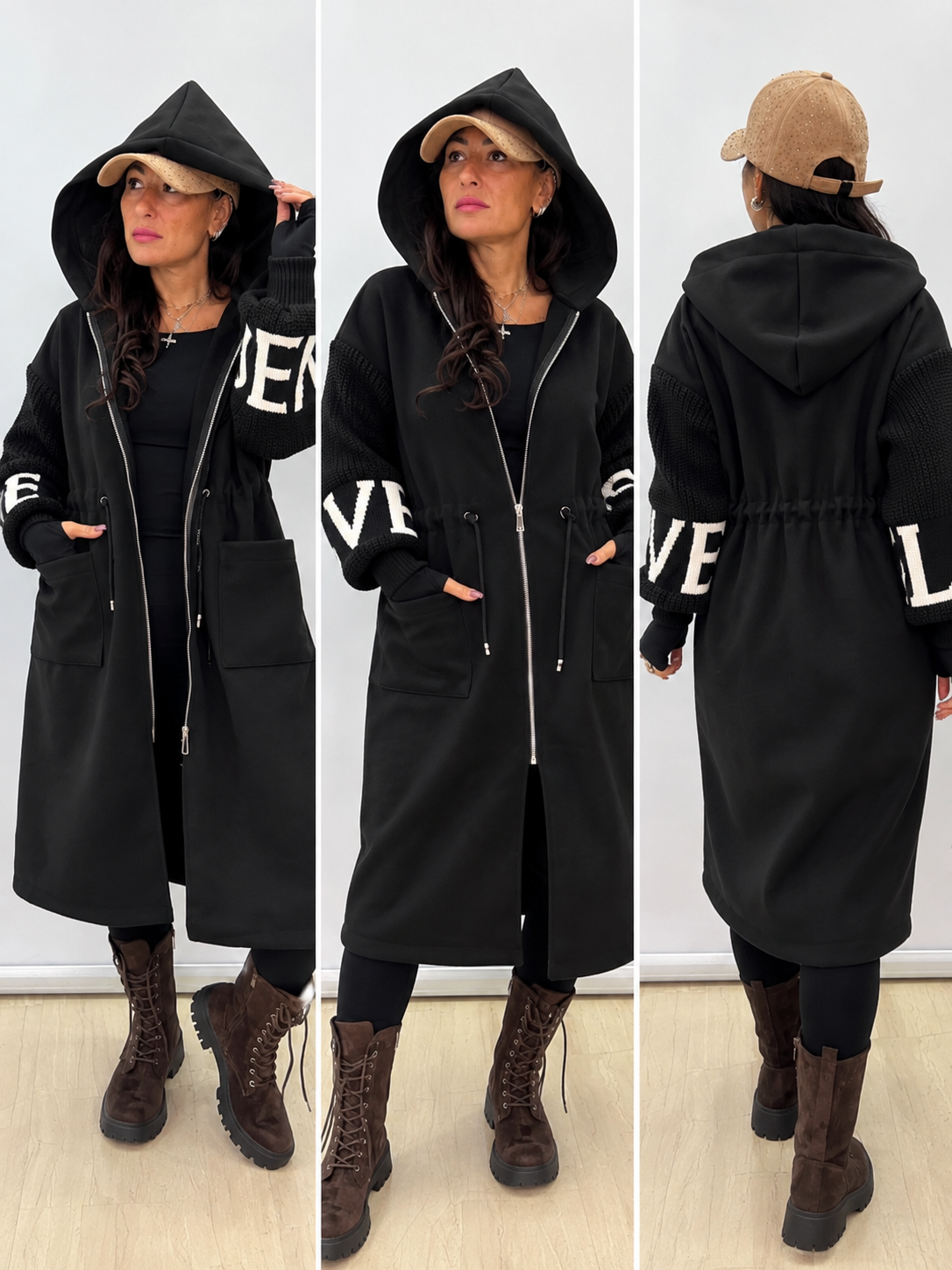 Cappotto Donna Oversize con Cappuccio e Maniche in Maglia – S/2XL