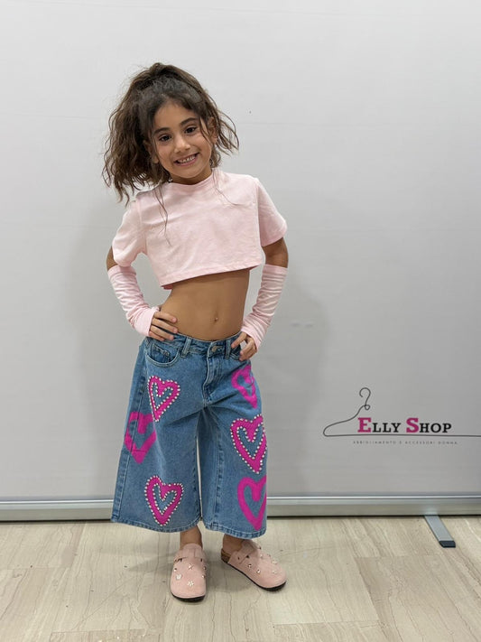Jeans culotte bambina con cuori rosa