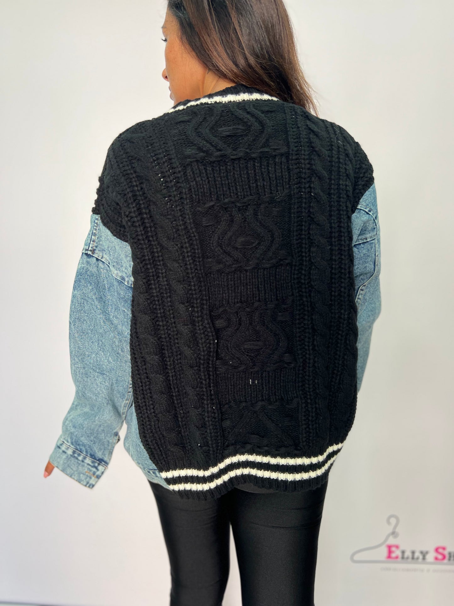 Cardigan donna in lanettina e denim nero con dettagli bianchi – giubbino casual taglia unica XL