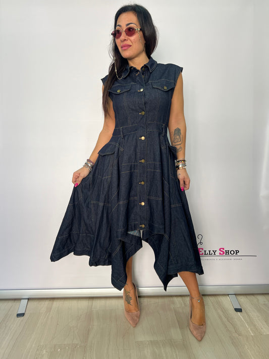 Abito midi denim asimmetrico donna