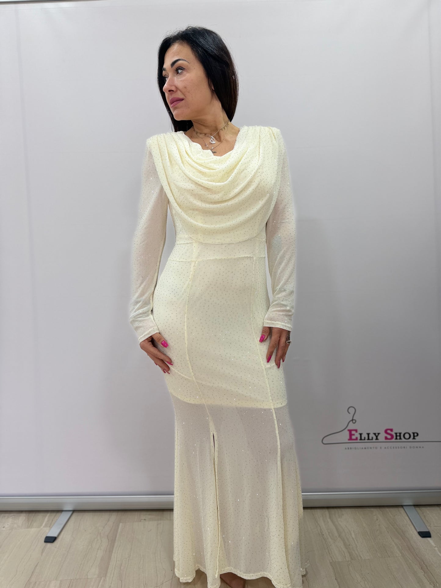 Abito lungo elegante drappeggiato glitter