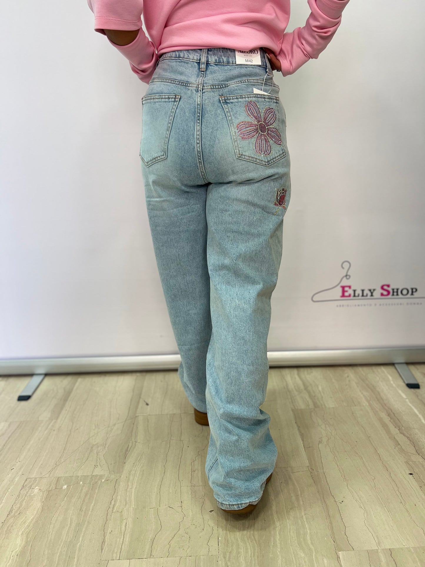 Jeans wide leg donna con fiori glitterati