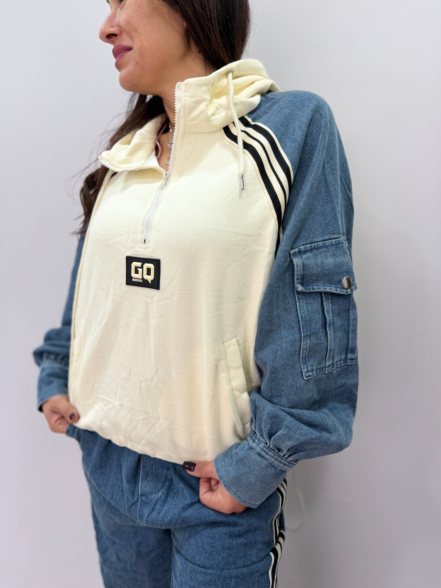 Completo tuta donna denim mix con cappuccio