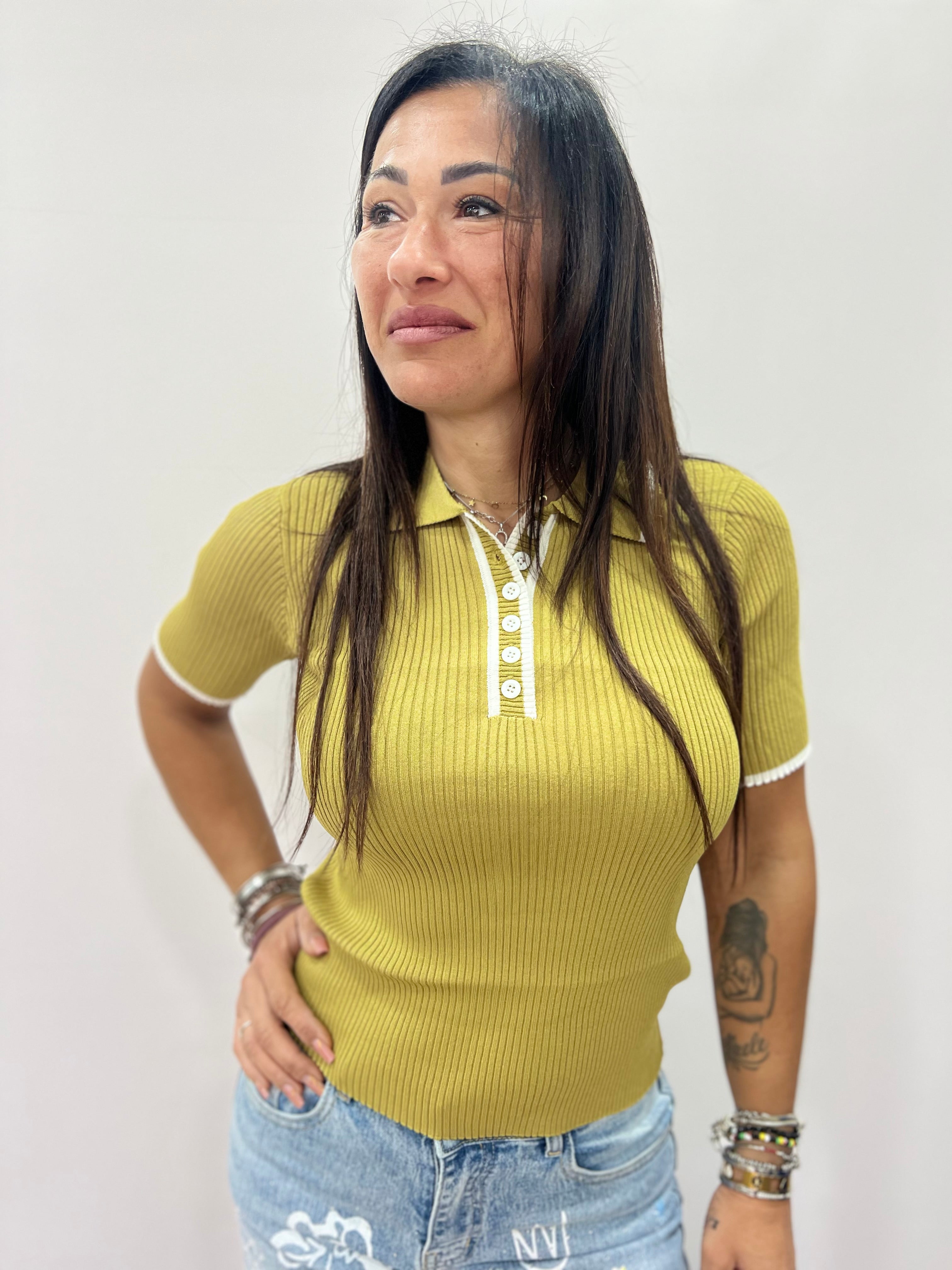 Maglia polo donna a costine aderente elegante