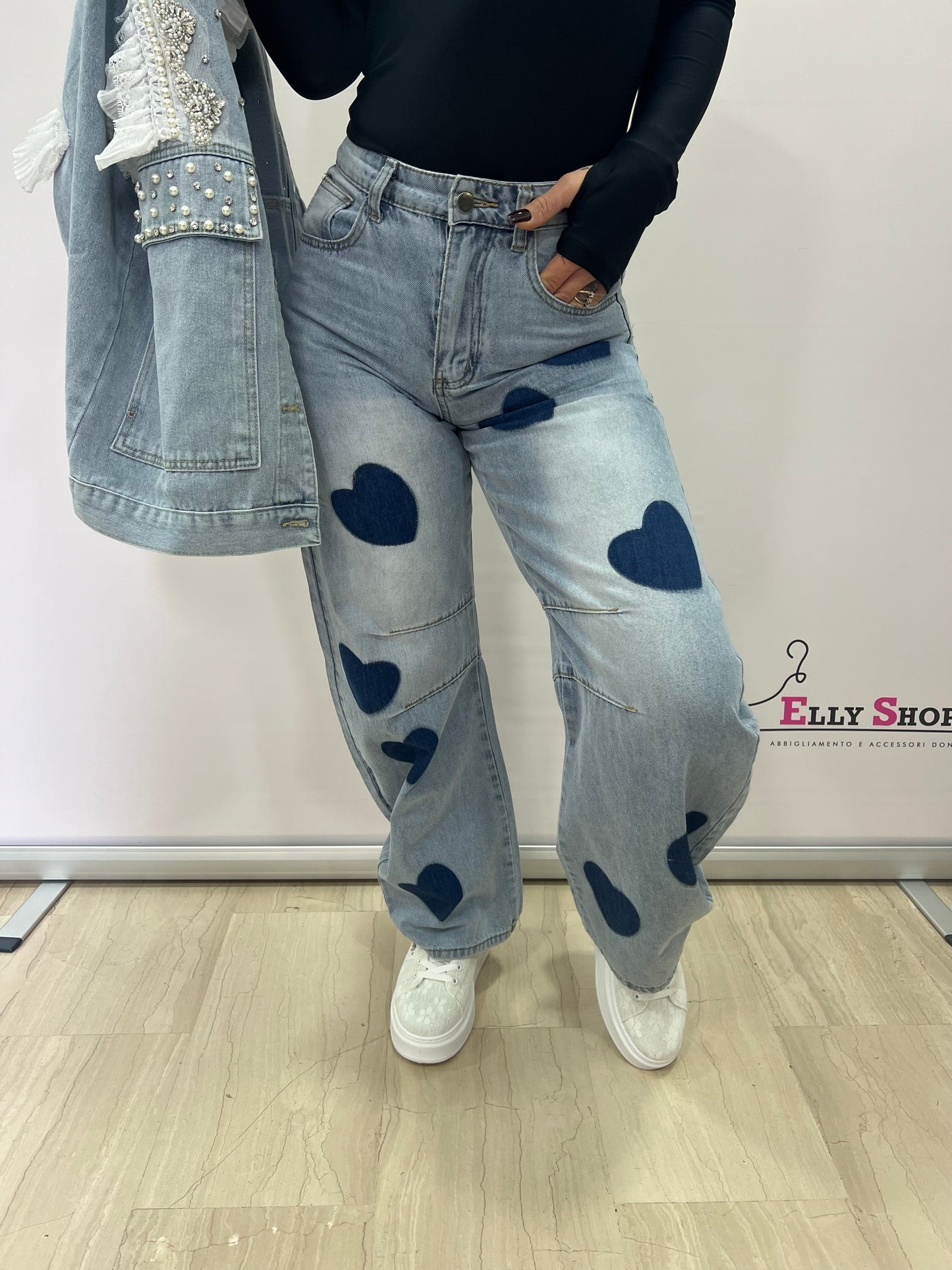 Jeans donna con cuori a vita alta