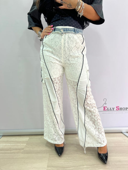 Pantaloni donna in pizzo trasparente con bande laterali – stile sporty-chic nero o bianco