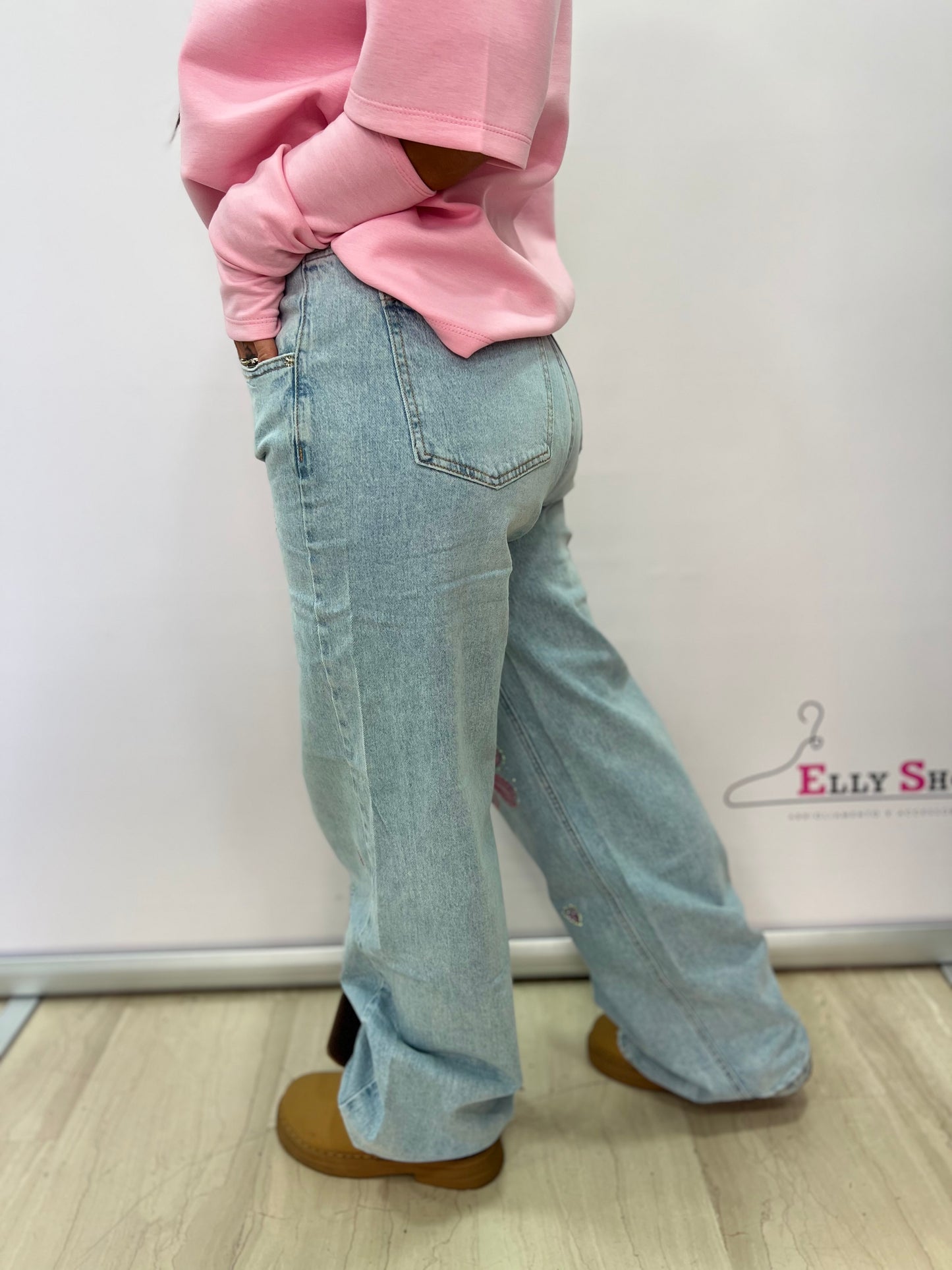 Jeans wide leg donna con fiori glitterati