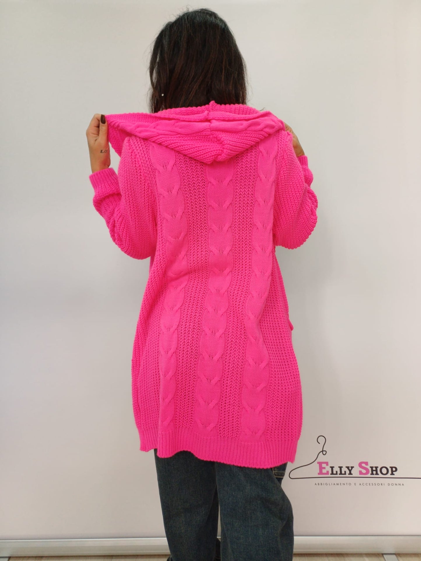 Cardigan lungo donna intrecciato con cappuccio