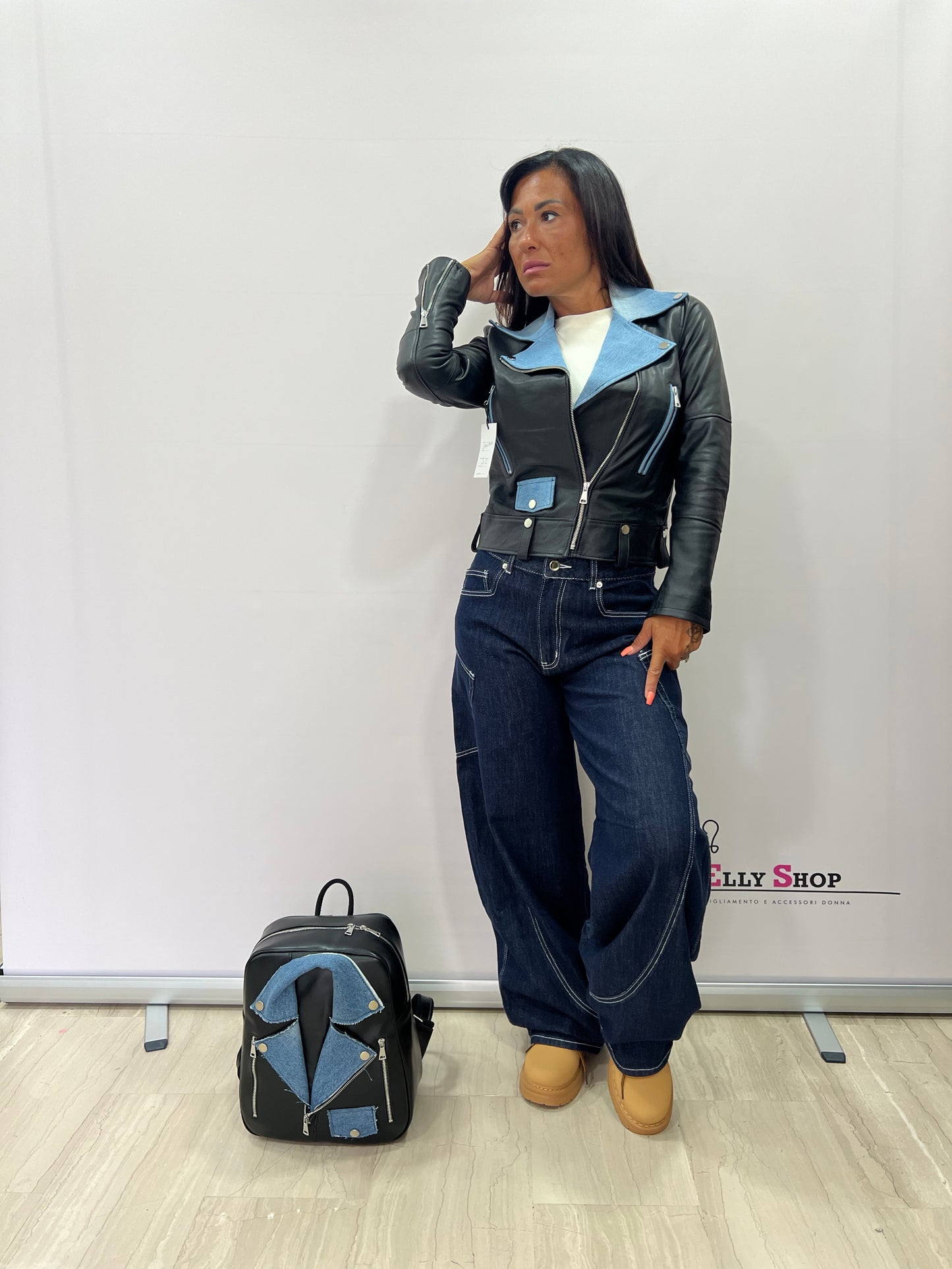 Giubbino chiodo donna pelle e jeans made in italy