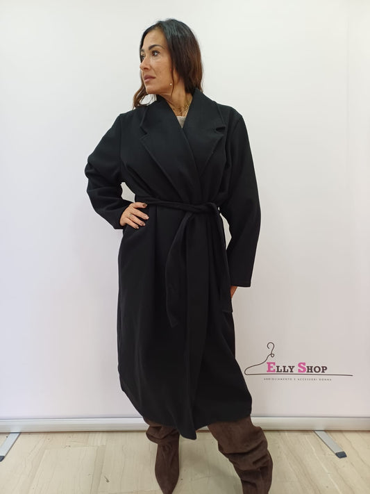 Cappotto lungo donna nero con cintura elegante
