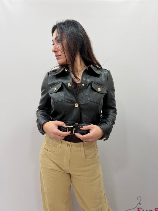Giacca donna corta effetto pelle con cintura