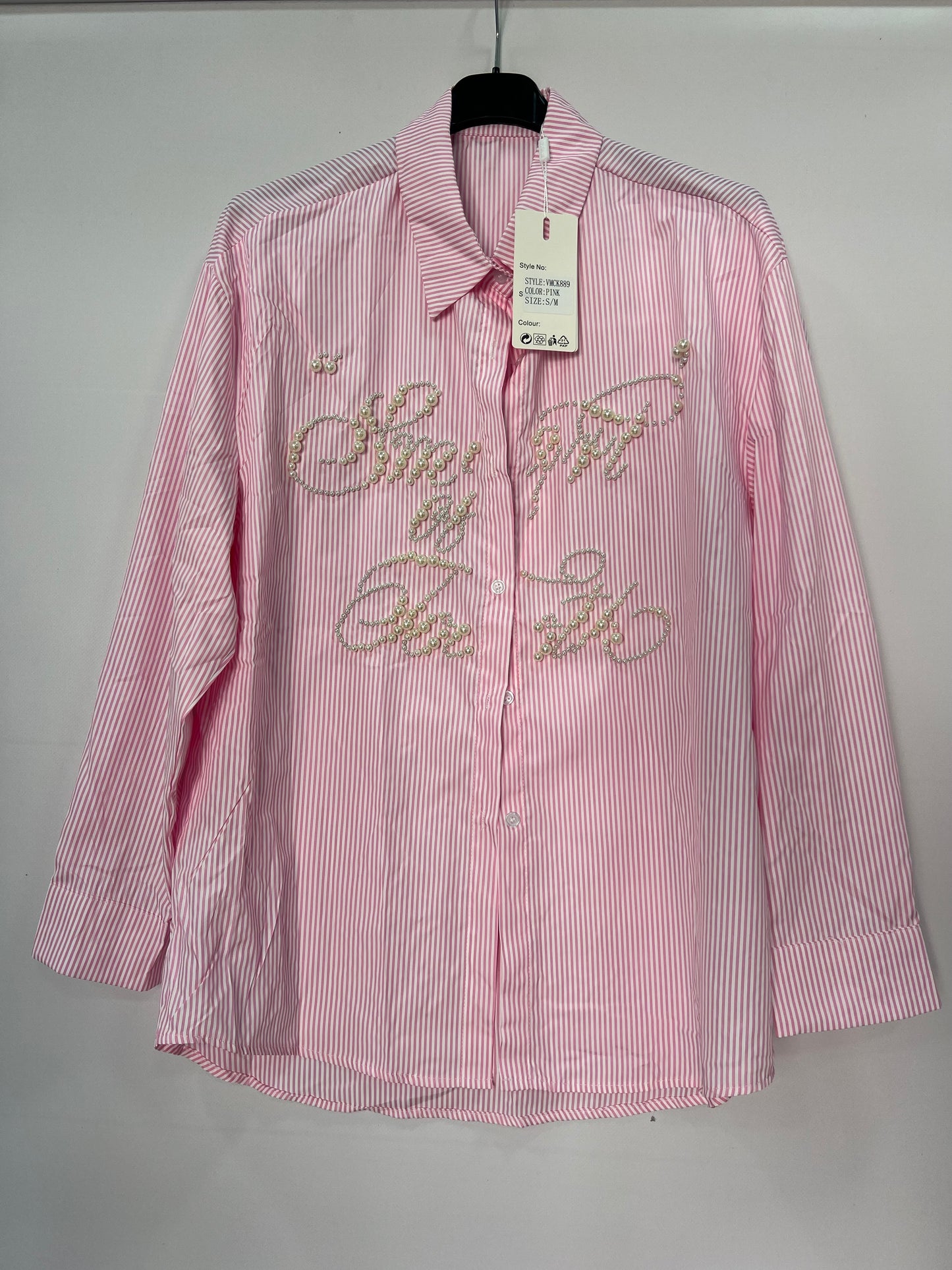 Camicia donna a righe con perle ricamate