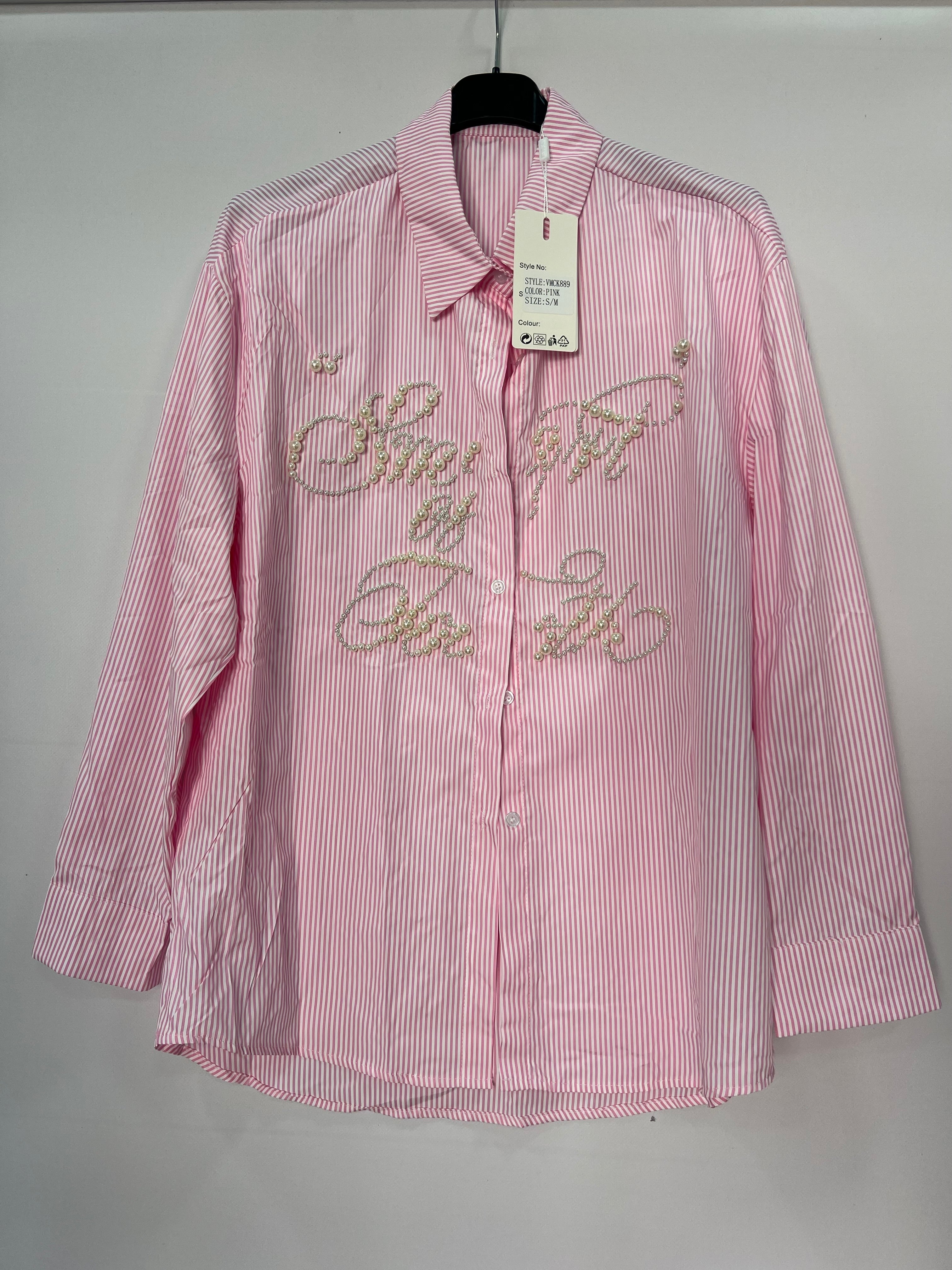 Camicia donna a righe con perle ricamate