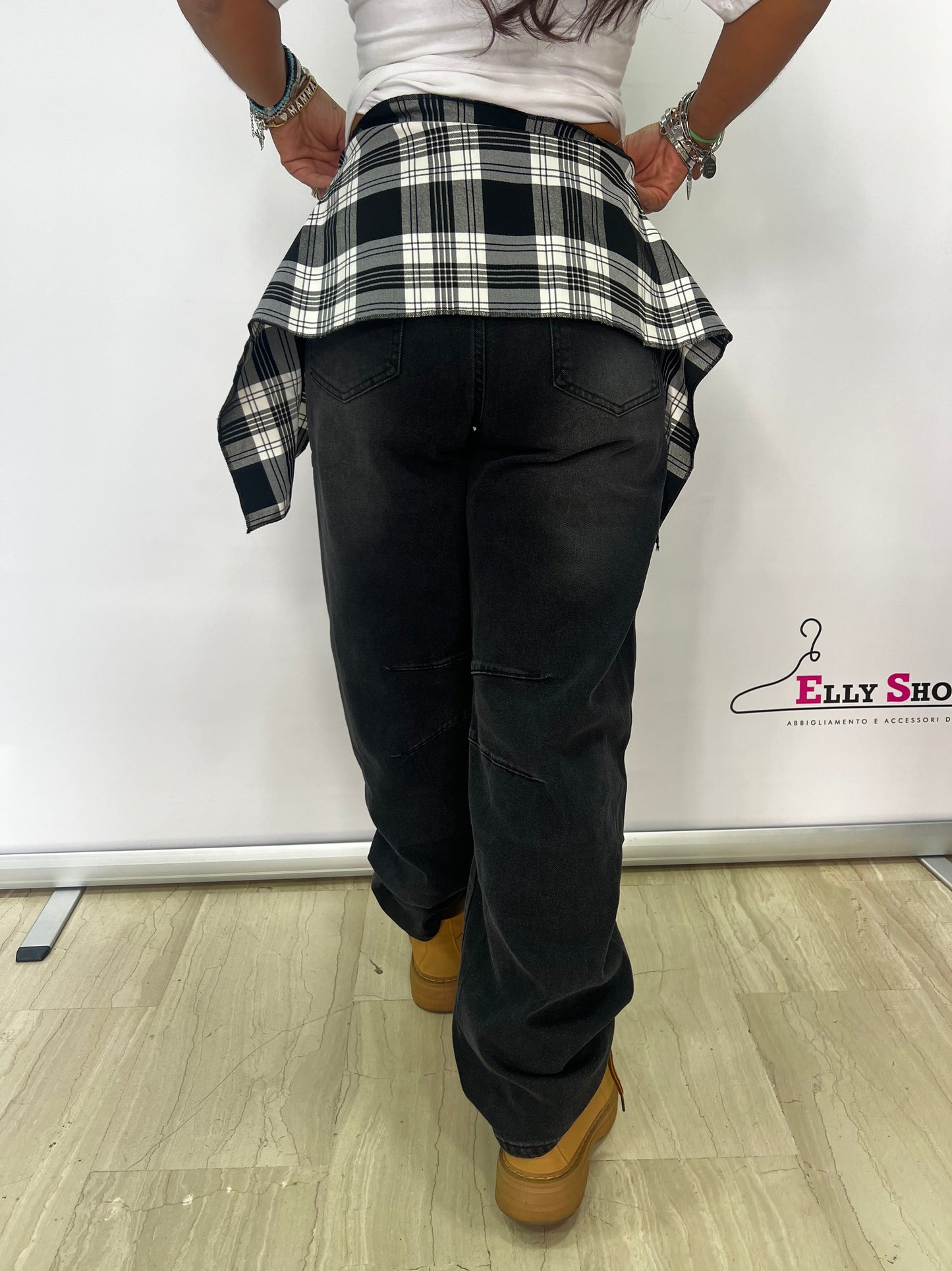 Jeans donna con camicia a quadri incorporata