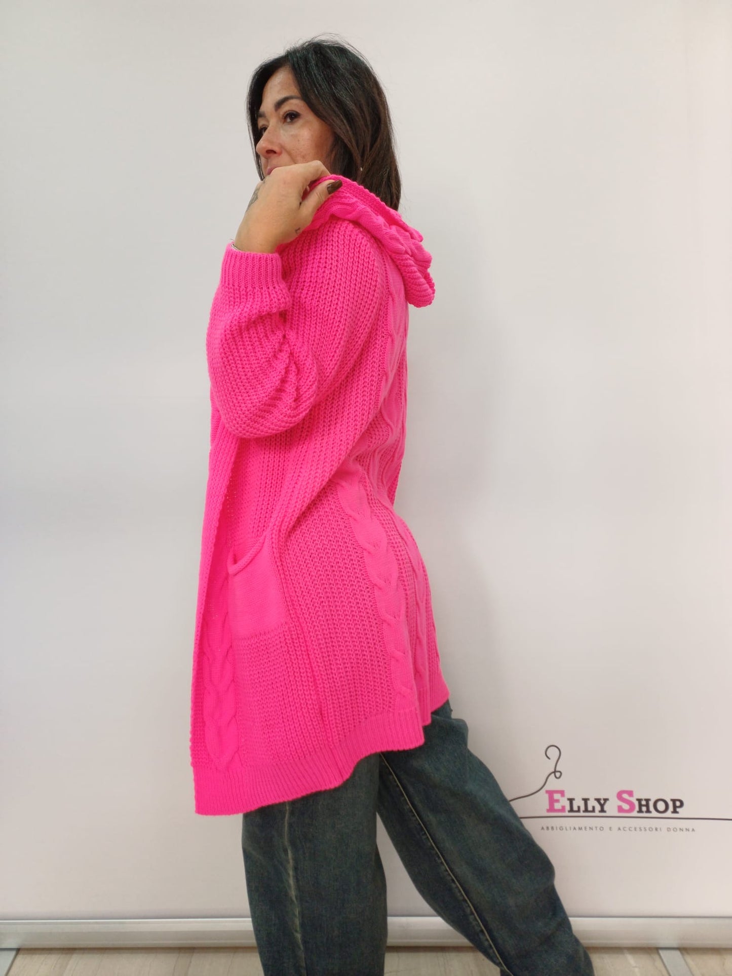 Cardigan lungo donna intrecciato con cappuccio