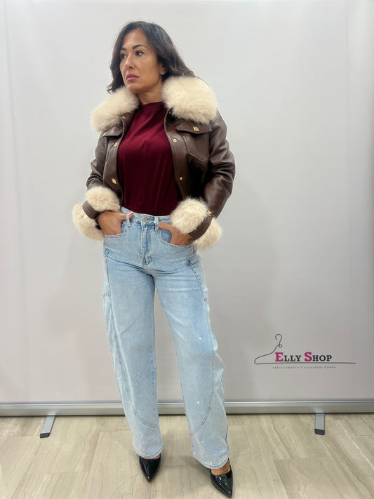 Jeans donna strass gamba ampia denim chiaro