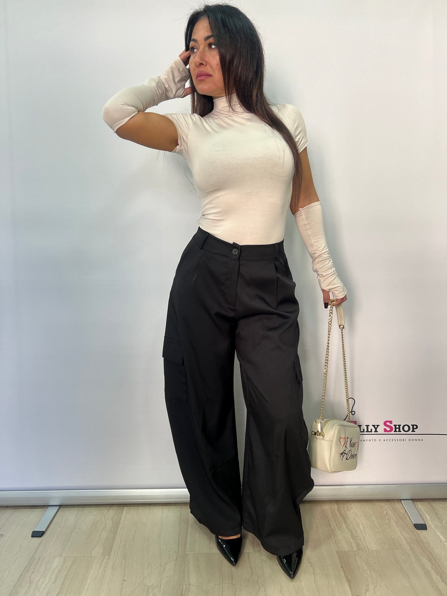 Pantalone cargo palazzo donna vita alta