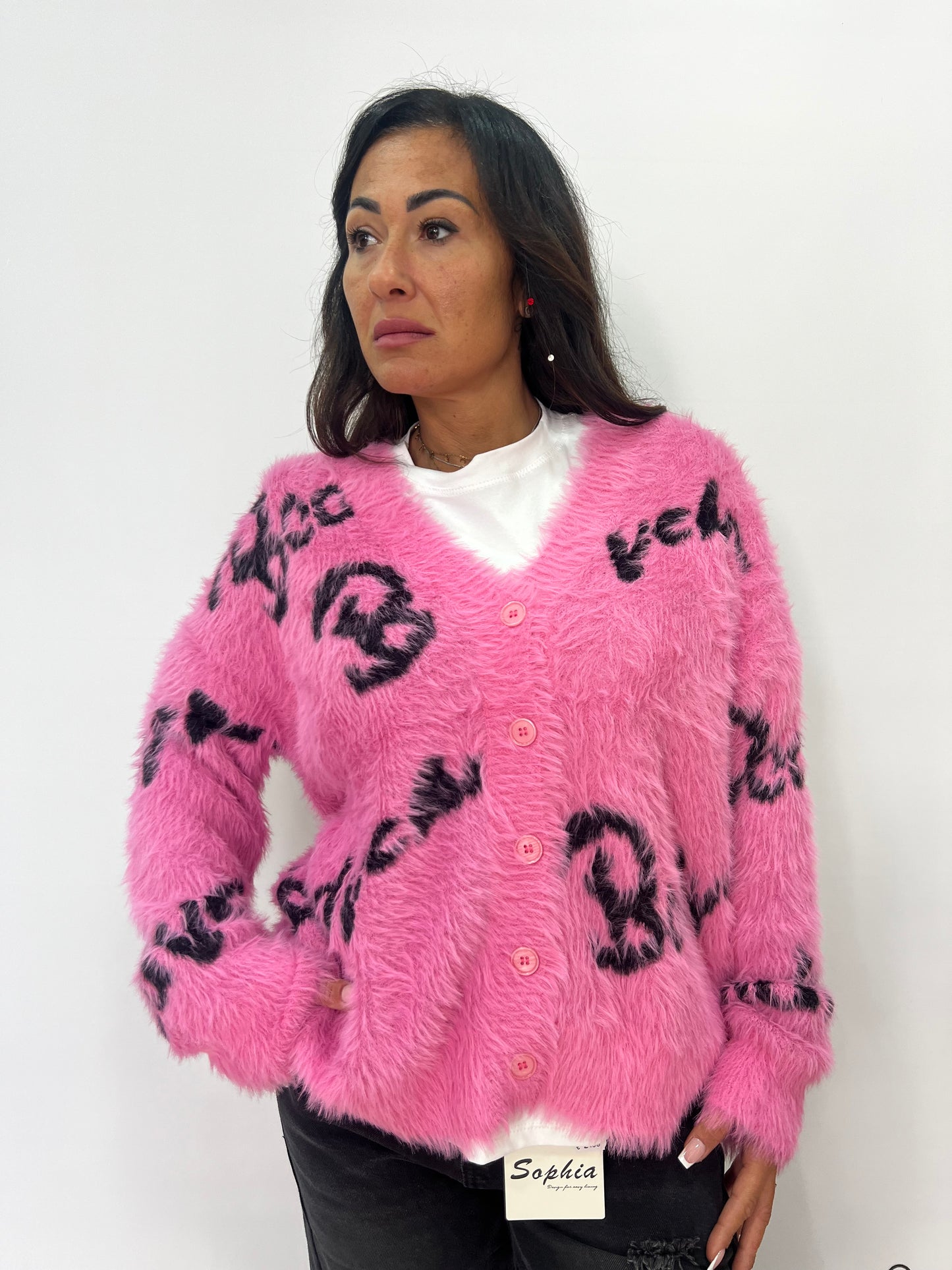 Cardigan peloso donna con scritte a contrasto