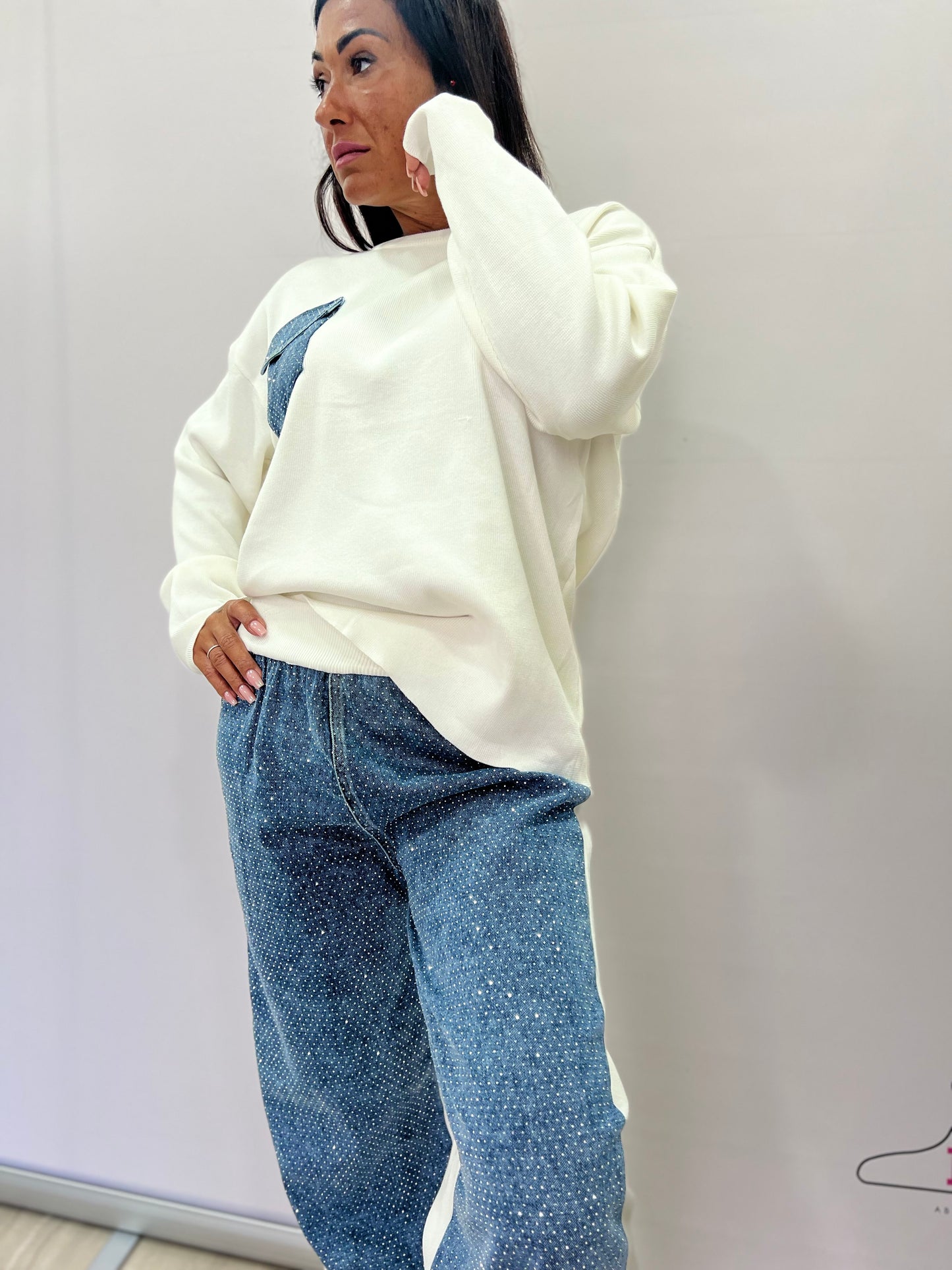 Completo Donna Oversize con Felpa e Pantalone Effetto Denim – Casual Autunno/Inverno