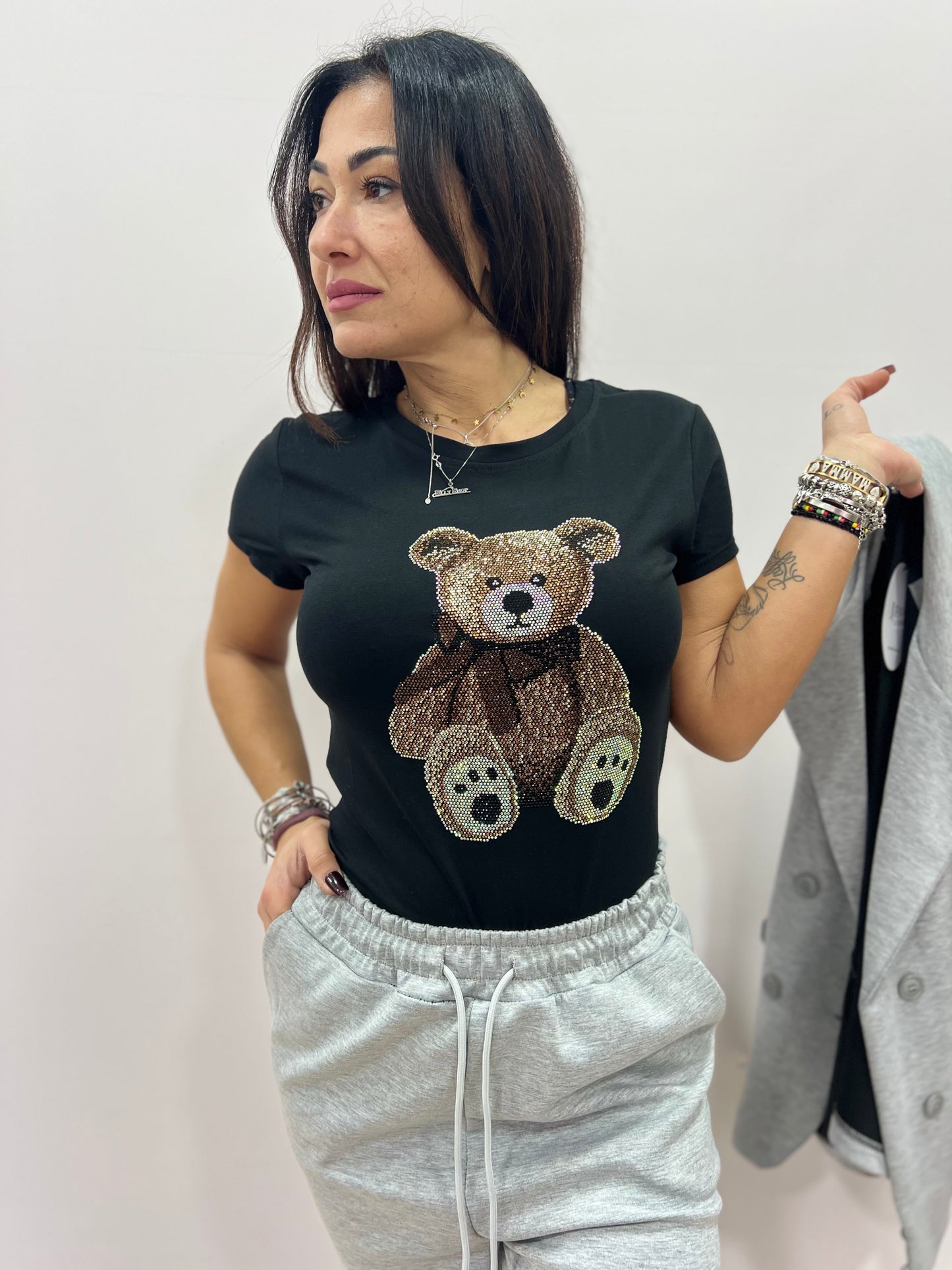 T-shirt donna con orsetto strass gioiello