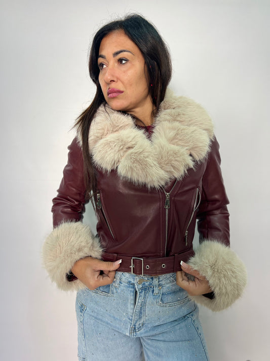 Giacca corta eco-pelle con pelliccia donna