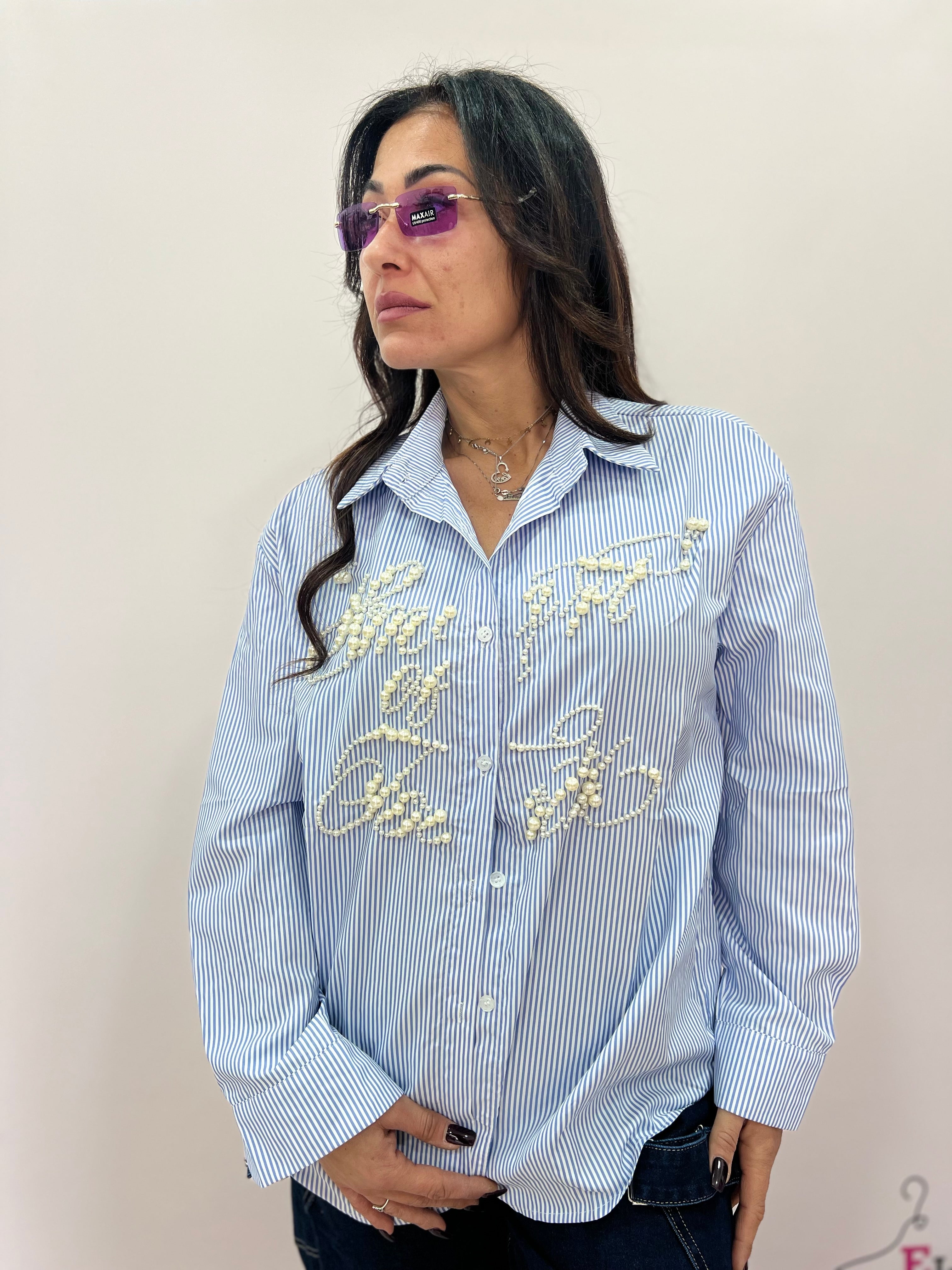Camicia donna a righe con perle ricamate