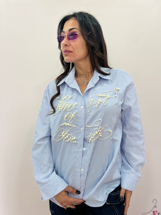 Camicia donna a righe con perle ricamate
