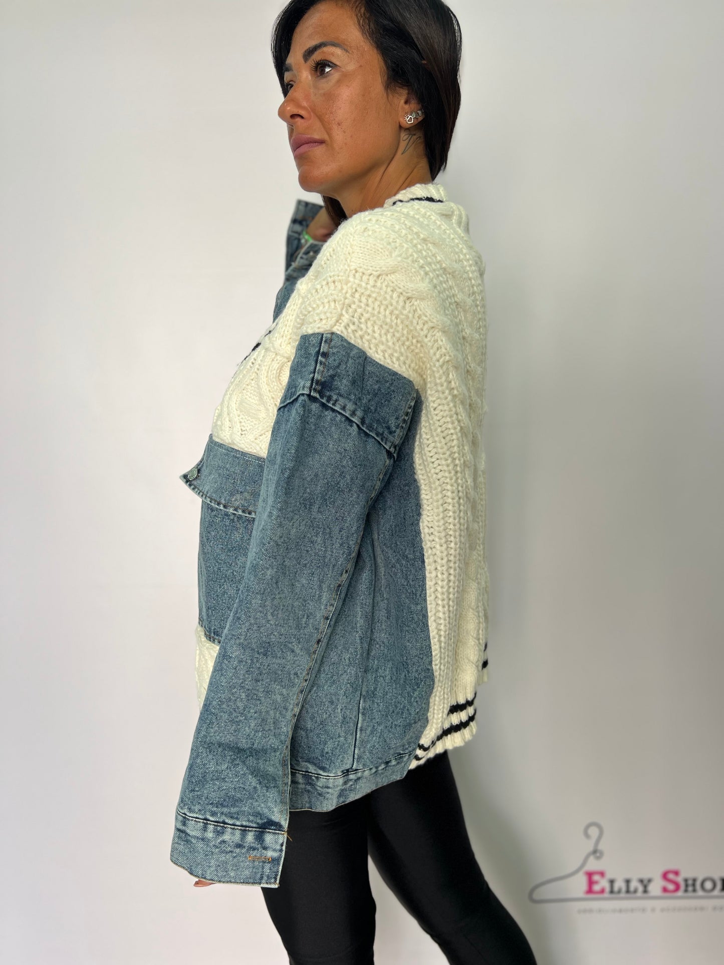 Cardigan donna in lanettina e denim nero con dettagli bianchi – giubbino casual taglia unica XL