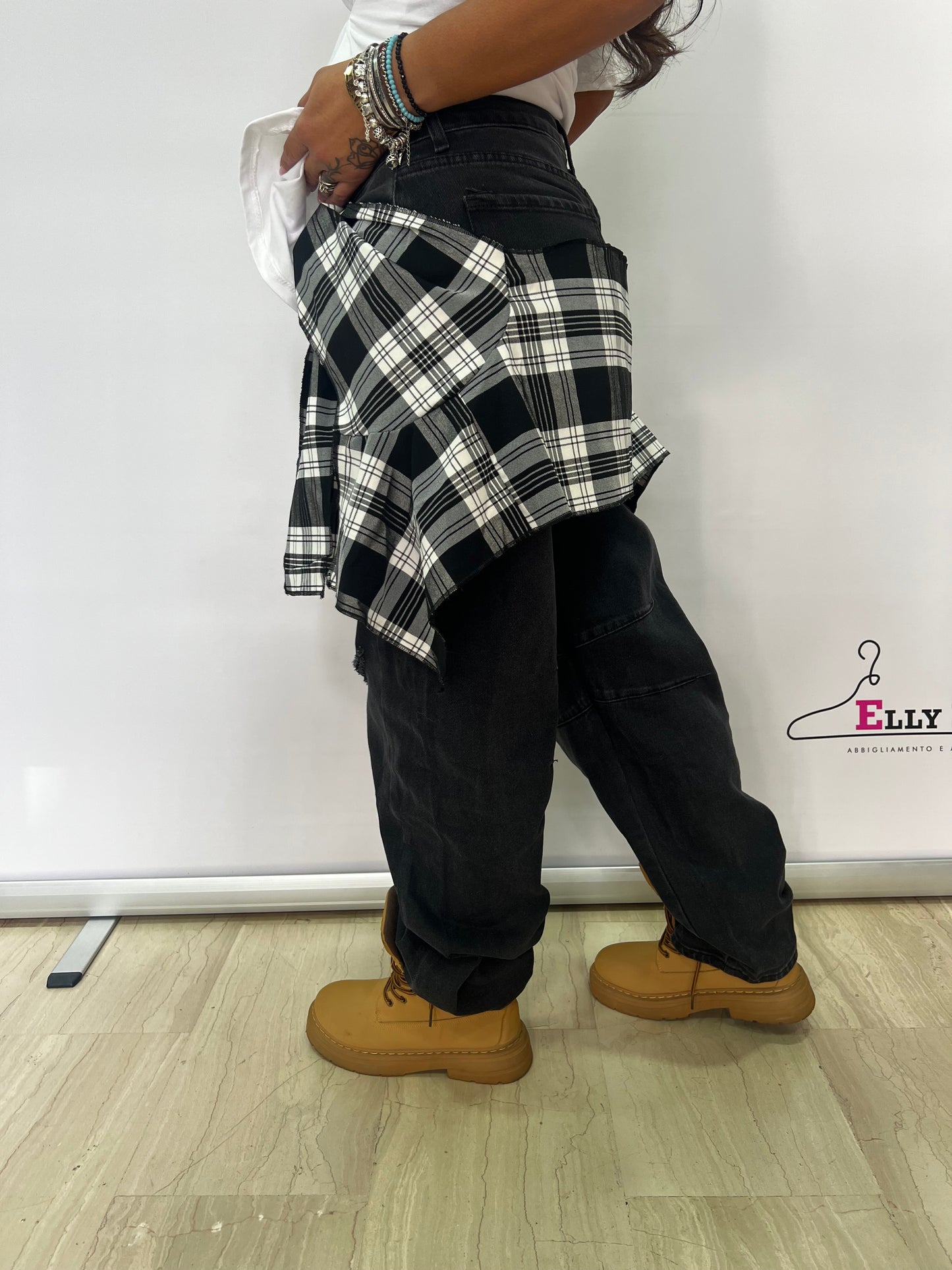 Jeans donna con camicia a quadri incorporata