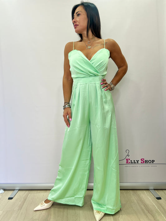 Tuta lunga elegante in raso con scollo a portafoglio – disponibile in verde, fuxia e nero