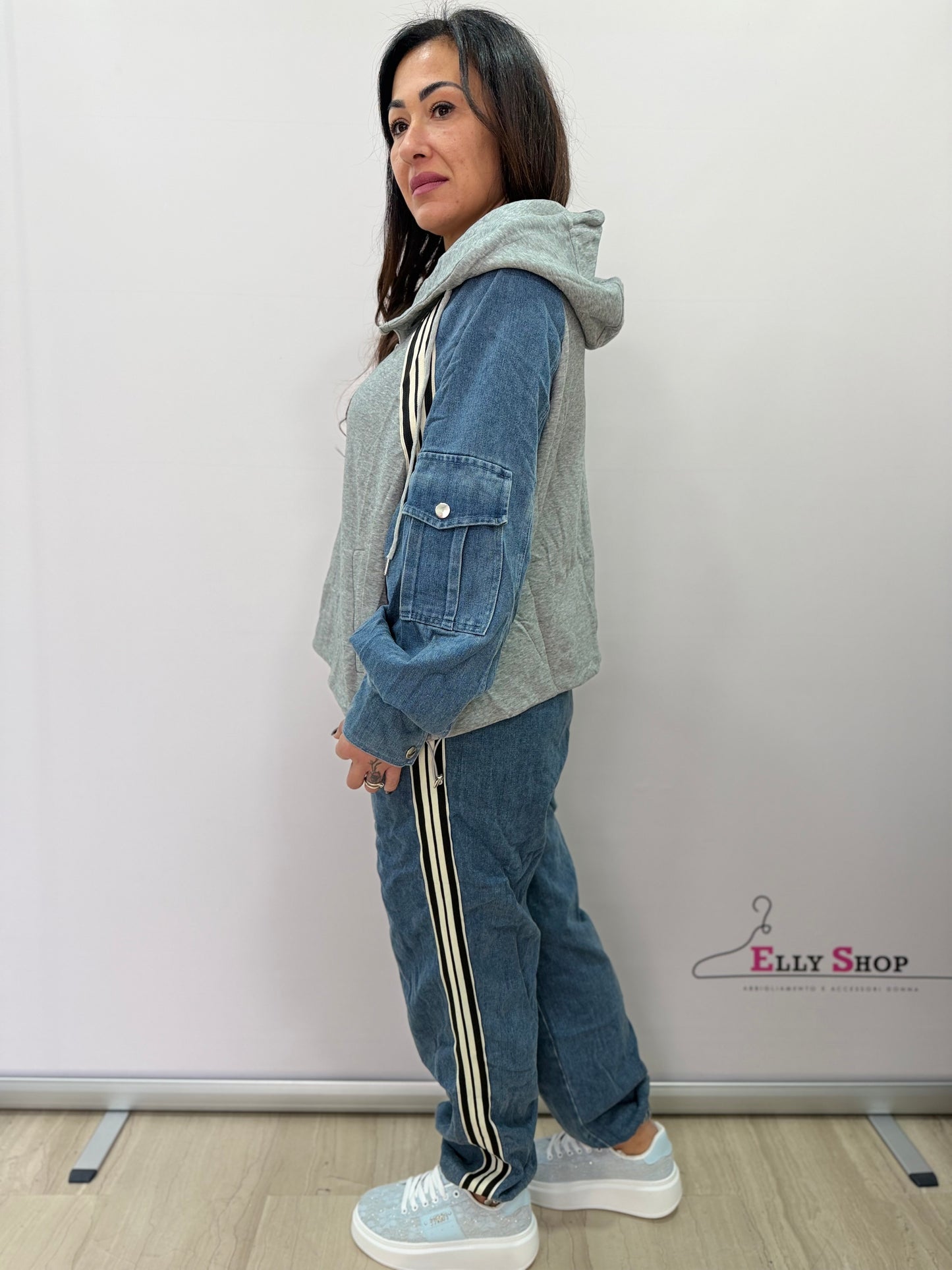 Completo tuta donna denim mix con cappuccio