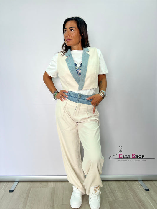 Completo donna panna con inserti in denim – outfit autunno/inverno disponibile in S, M, L
