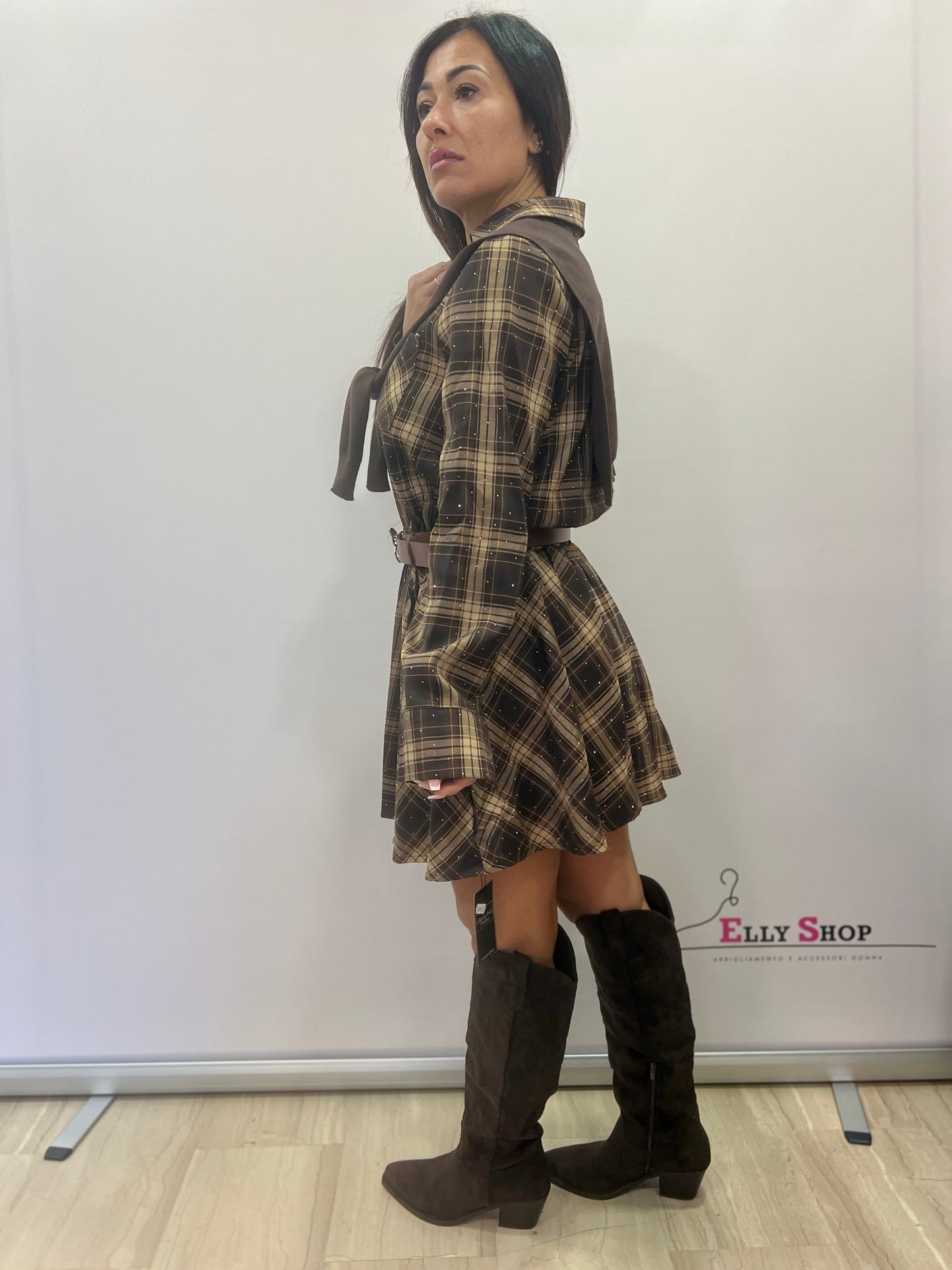 Abito chemisier scozzese con cintura donna