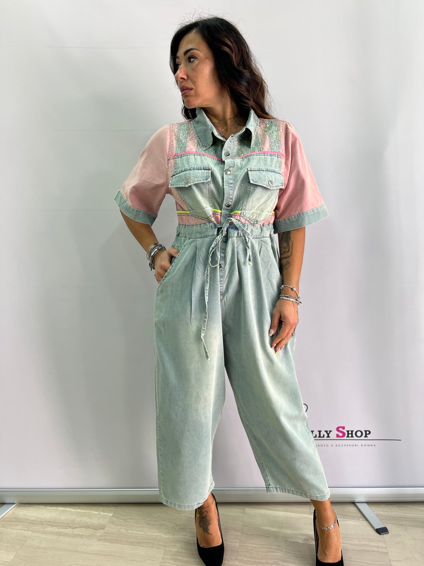 Tuta intera donna in denim bicolore con coulisse – Taglia unica fino alla 50