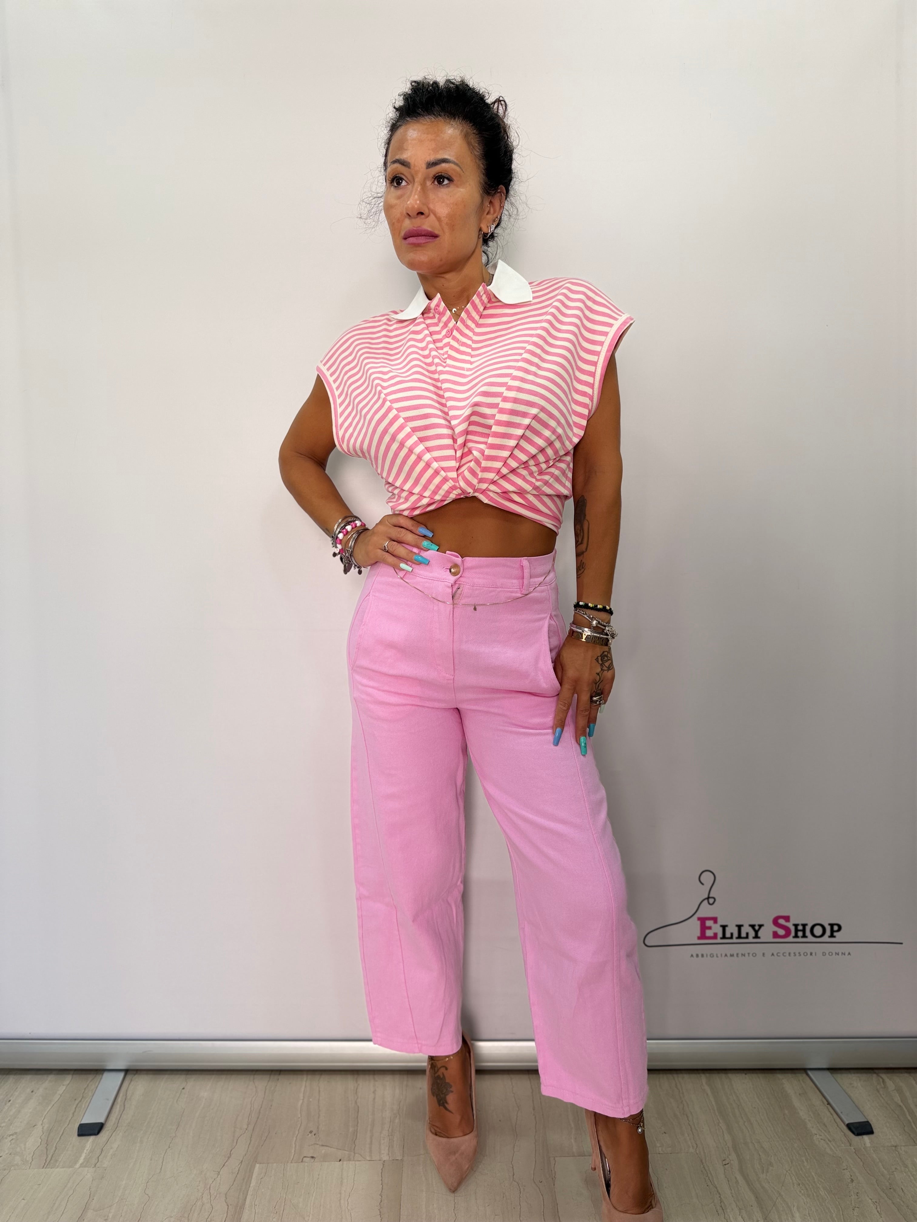 Completo casual donna righe e pantalone giallo