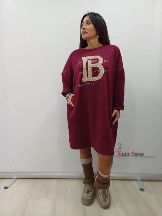 Abito felpa marrone curvy con stampa frontale