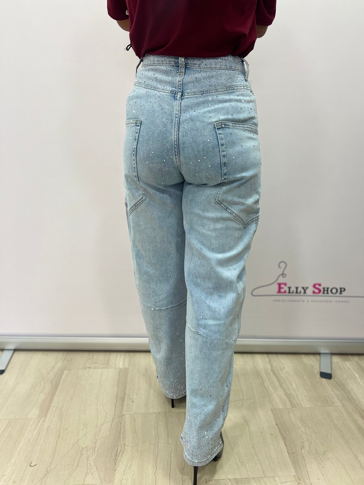 Jeans donna strass gamba ampia denim chiaro