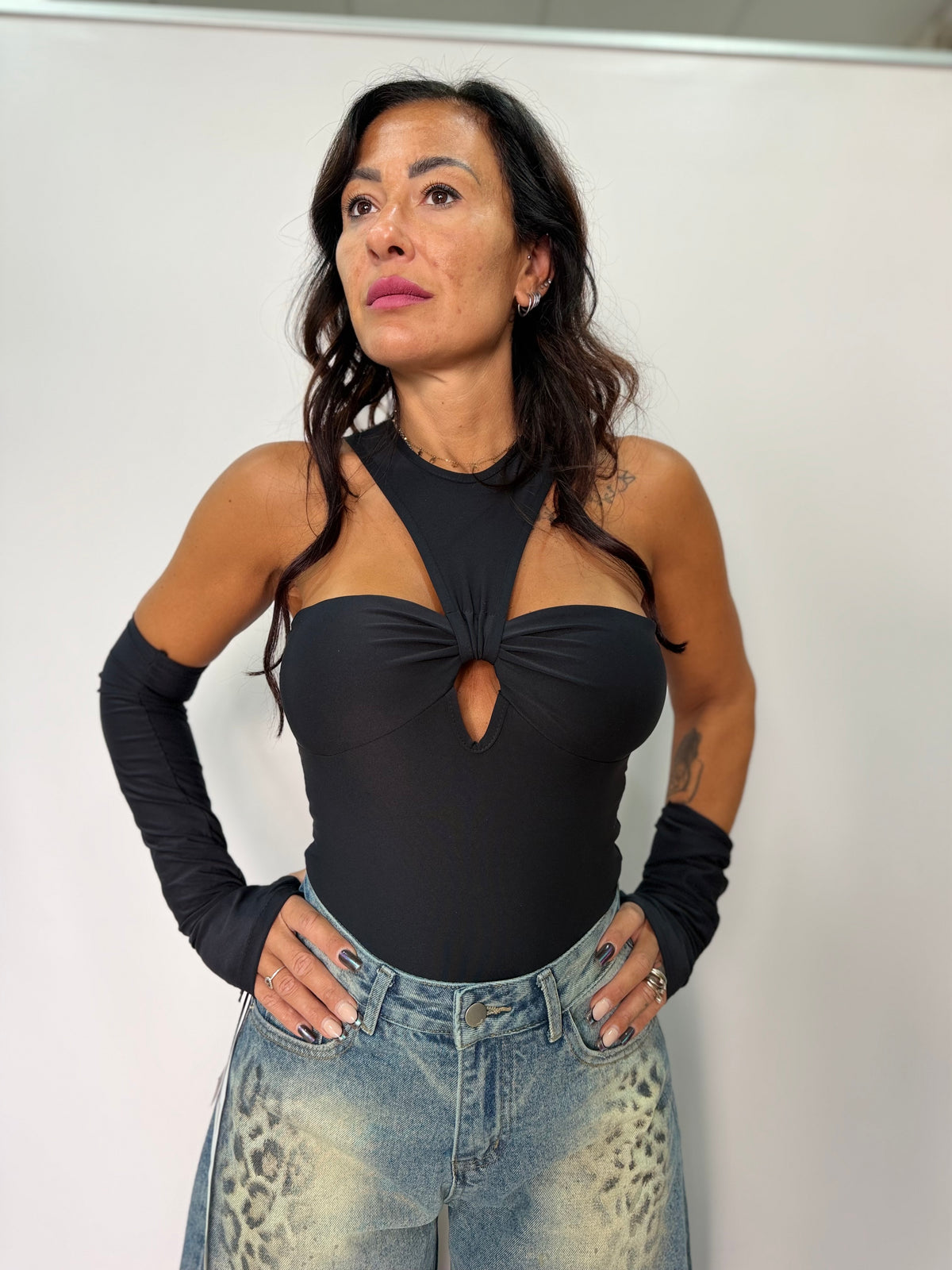 Body Donna Sensual Chic con Tulle, Cut-Out e Manicotti