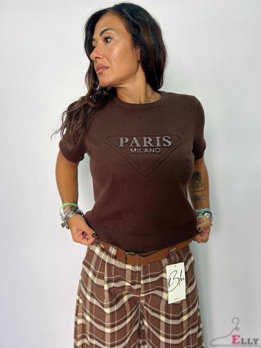 Maglia donna in lanetta scritta paris brillantini