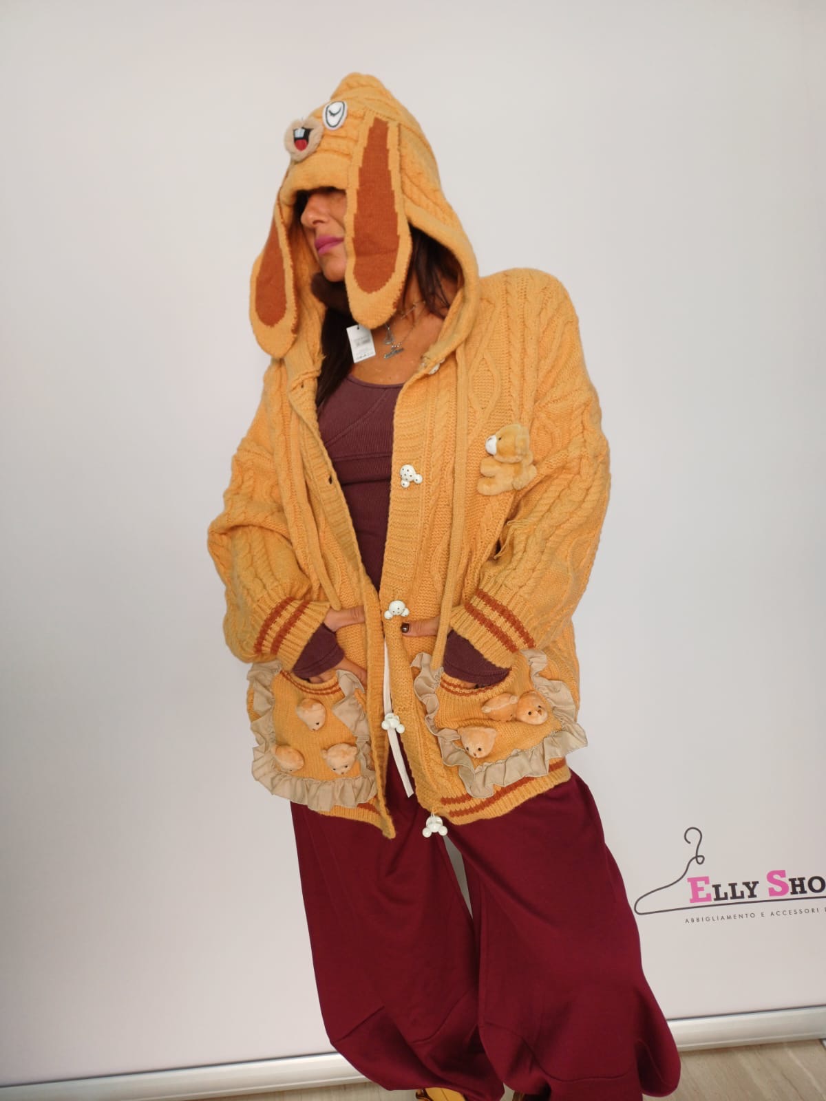 Cardigan donna cappuccio con dettagli peluche